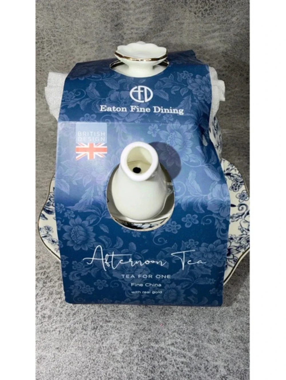 New Eaton Fine Dining Blue White Bird Floral Tea For One China Set Gold Trim